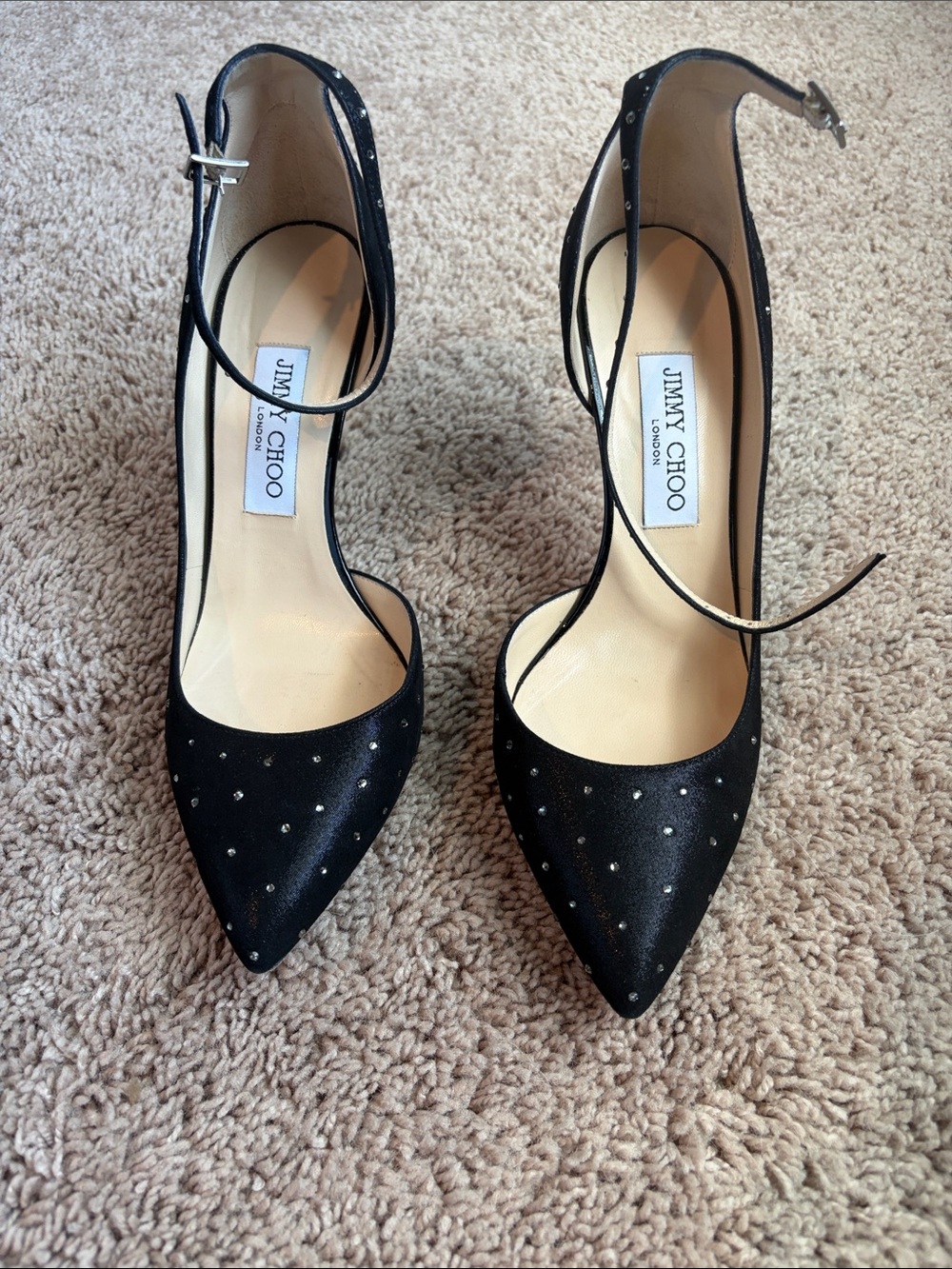 Jimmy Choo Black Studded Pointed-Toe Ankle-Strap Pumps